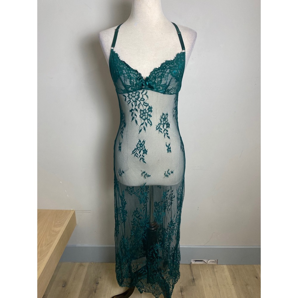 Emerald Green Sheer Floral Lace Maxi Nightgown Open Back Chemise Small